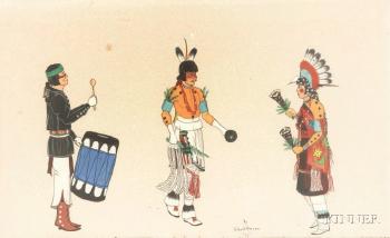 Male and female Pueblo dancers and a male drummer, all three wearing traditional clothing by 
																	Gilbert Atencio