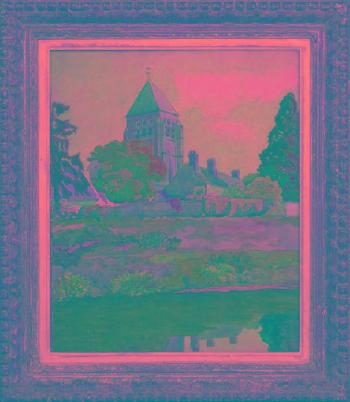 A view of a provincial church from a riverbank. A view of mountains from a provincial door-yard by 
																	Rene Bacard