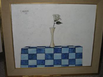 White rose in vase on blue checkered table cloth by 
																	Keith Ingermann