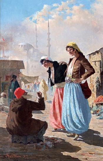 Femmes turques marchandant un collier a Constantinople by 
																	D T Hardouin