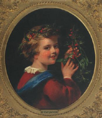 Winter - girl in holly wreath crown holding a sprig of holly  by 
																	 Faulkner