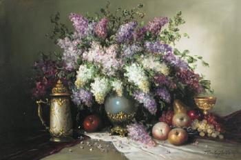 Still life, vase of lilacs, fruit, stein and glass on a ledge by 
																	Bela Balogh