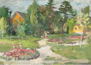 Figures on a parkland path with children playing by 
																	Zsigmond Uhrig