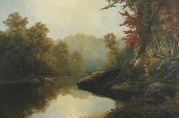 Cattle watering in forest river  by 
																	Thomas J Fenimore