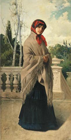 Spanish lady on the terrace of a country estate by 
																	Enrique Estevan
