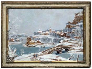 Winterlandschaft mit einer befesitgten Stadt am Rande eines zugefrorenen Flusses, der von einer steinernen Bogenbrücke überspannt wird by 
																	Anton Friedrich Harms