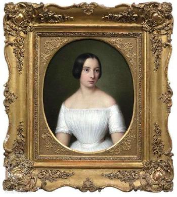 Bildnis einer jungen Dame in weißem Kleid in Dreiviertelansicht nach rechts by 
																	Benjamin Orth