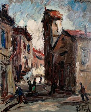 Street scene with figures by 
																	Albert Vagh
