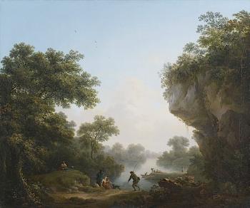 Pêcheurs devant une rivière traversant un paysage de rochers boisés by 
																	Michael Wutky