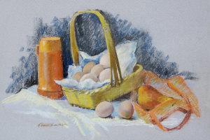 Still Life with Basket of Eggs and Orange Flask by 
																	Eleanor Harbison