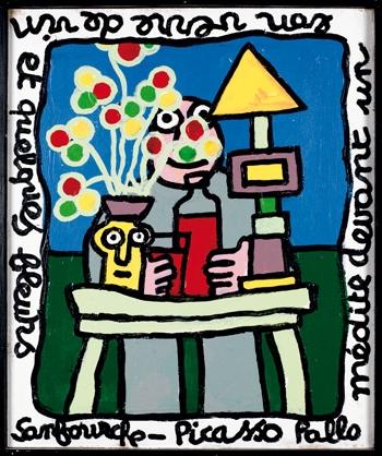 Pablo Picasso médite devant un bon verre de vin et quelques fleurs by 
																	Jean Joseph Sanfourche