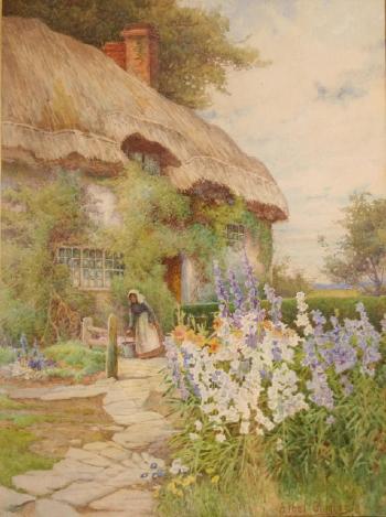 Campanula in a cottage garden, Gloucestershire by 
																	Ethel Hughes
