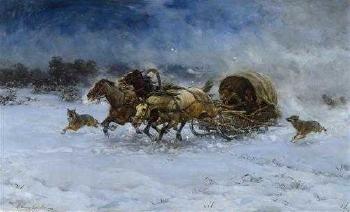 Pferdeschlitten im Schnee von Wolfen bedroht by 
																	Alfred von Wierusz-Kowalski