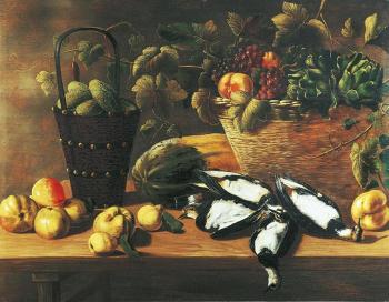 Stilleben mit Fruchten, Gemusen und Vogeln auf einem Holztisch by 
																			Johannes Cuvenes