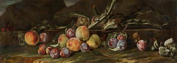 Stilleben in einer Landschaft mit Pfirsichen, Zwetschgen und Artischocken by 
																			Aniello Ascione