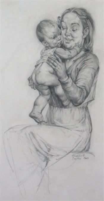 A soft embrace, mother and child. Female nude by 
																	Charles Cameron Baillie