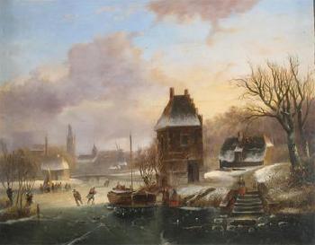 Winter landscape with skaters on a river by 
																	Johannes Petrus van Velzen