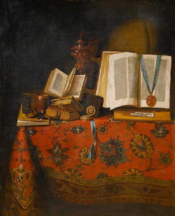 A Vanitas still life with books, a globe and a silver-gilt beaker and cover, on a table draped with a Turkish carpet by 
																	 Pseudo-Roestraten