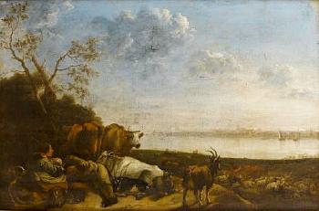 A shepherdess and cowherd resting with their livestock in a river meadow at dusk by 
																	Jan van Ossenbeeck