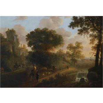 An Italianate Wooded Landscape With Shepherds Herding Their Flock And Cattle On A Path Near A Ruined Tower, A View Of A Village Beyond by 
																	Abraham van Duijnen