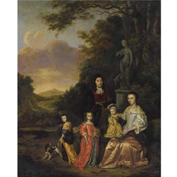 A Portrait Of A Gentleman And His Wife And Their Three Children, Possibly The Loth Family, Near A Statue Of Diana The Huntress, In A Classical Landscape by 
																	Jan le Ducq