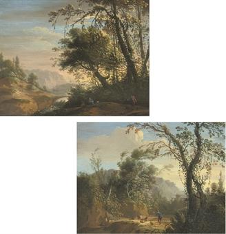 An Italianate river landscape with travellers; and An Italianate landscape with a shepherd and his flock by 
																	Philip Augustyn Immenraedt