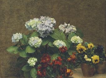 Fleurs (Hortensias, giroflées, deux pots de pensées) by 
																	Henri Fantin-Latour