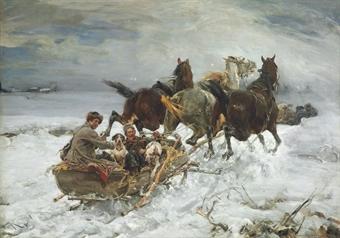 Horse-drawn sleigh by 
																	Alfred von Wierusz-Kowalski