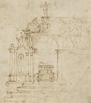 Study of an ornamented chapel with a central tomb by 
																	Antonio da Sangallo