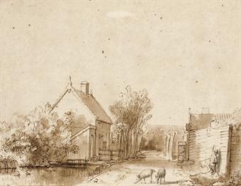 A village street with a duck pond, two pigs and a peasant by 
																	Abraham Furnerius