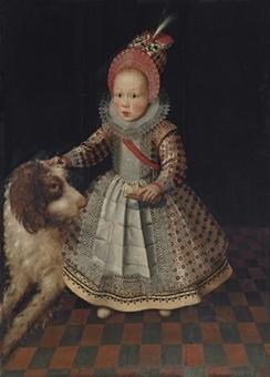 Portrait of a child, full-length, in an embroidered dress and a feathered hat, with a dog by 
																	 van Zelven