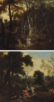 A wooded landscape with Meleager and Atalanta leading the hunt for the Caledonian boar. A wooded landscape with Meleager dealing the death blow to the boar, Atalanta beside him by 
																	Jacques d'Arthois