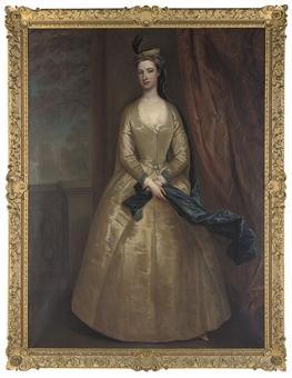 Portrait of Lady Barbara North, full-length, in an oyster satin dress and a blue wrap, on a terrace by 
																	Charles Jervas