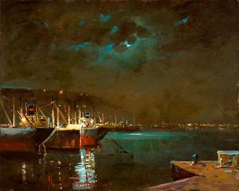Moonlit harbour by 
																	George Vakirtzis