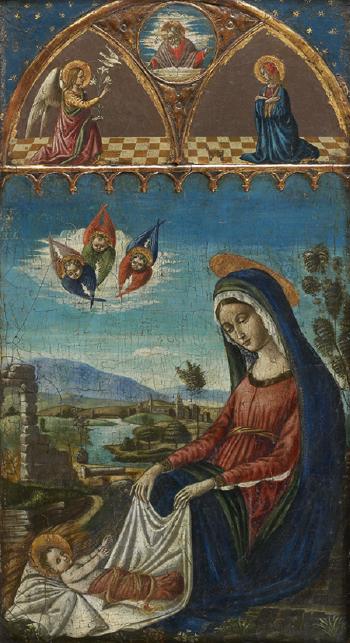 Vierge a l'Enfant adoree par les anges. Dieu le Pere entre l'Ange et la Vierge de l'Annonciation by 
																	Niccolo del Priore