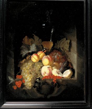 Nature morte aux peches, raisins et cerises dans une niche by 
																	Johannes Hannot