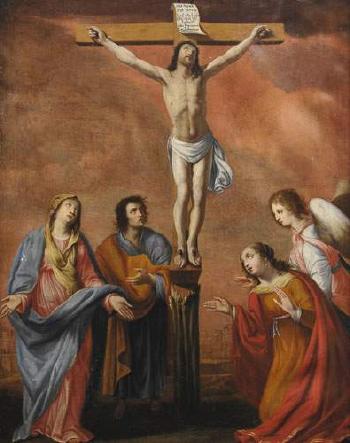 La crucifixion avec la Vierge Marie,Saint Jean et Marie Madeleine by 
																	Etienne de la Hyre