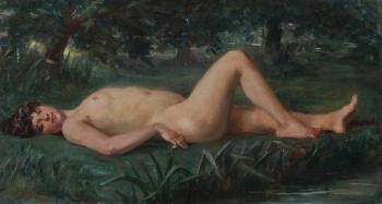Reclining nude in Sylvan setting by 
																	Gabrielle del Faille d'Huysse