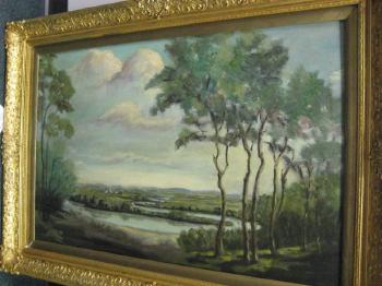 River landscape with distant church by 
																	Miriam J Northcott