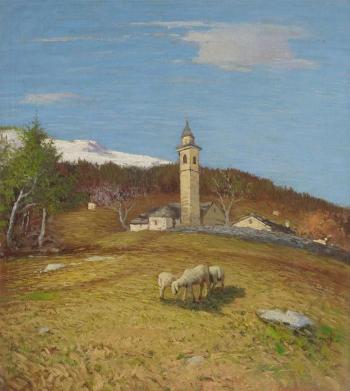 Hugelland mit Schafen und Kirche by 
																	Ferdinando Ramponi