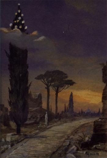 Surrealistische Komposition 'Weihnachten', Eine in der Spitze mit Kerzen geschmückte Zypresse auf der Via Apia mit Blick auf Rom in der Abendsonne by 
																	Enrico d'Assia
