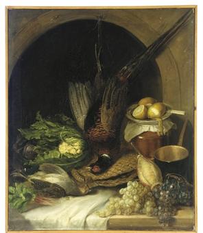 A cabbage, lemons, black and white grapes and game on a wooden ledge by 
																	Anne Prime