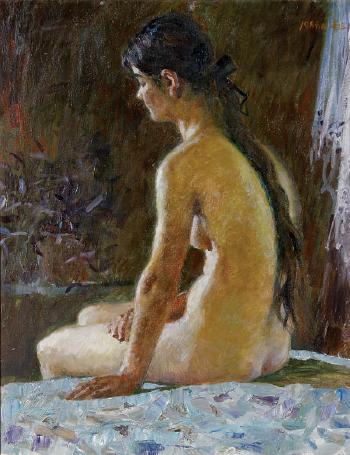 Seated nude with long brown hair by 
																	 Nan Sheng Liu
