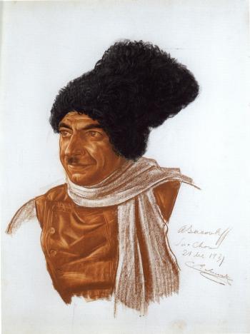 Portrait of Clovis Balourdet in a fur hat by 
																	Alexander Evgenievich Yakovlev