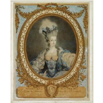A Portrait Of Marie Antoinette (1755-1793), Standing Half Length, In A Decorative, Oval Frame by 
																	Jean Francois Janinet