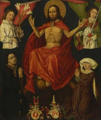 Christus als Weltenherrscher flankiert von den Erzengeln Gabriel und Michael, darunter ein Stifterpaar mit Familienwappen by 
																	 Ulm School