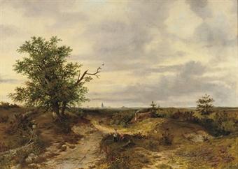 Villagers in an extensive Summer landscape by 
																	Johannes Philippus Galjaard