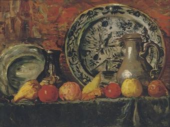 Still life with fruit, plates and jugs by 
																	Carel Bernardus Dankmeyer