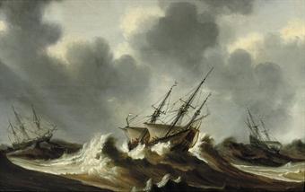 Dutch three-masters in stormy waters by 
																	Claes Claesz Wou