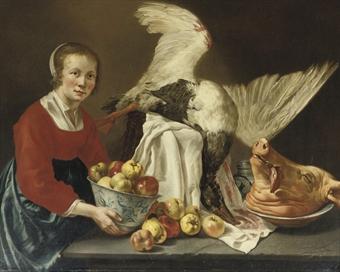 A kitchen maid holding a porcelain bowl with apples, standing by a table with a goose and a pig's head by 
																	Willem van Odekerken
